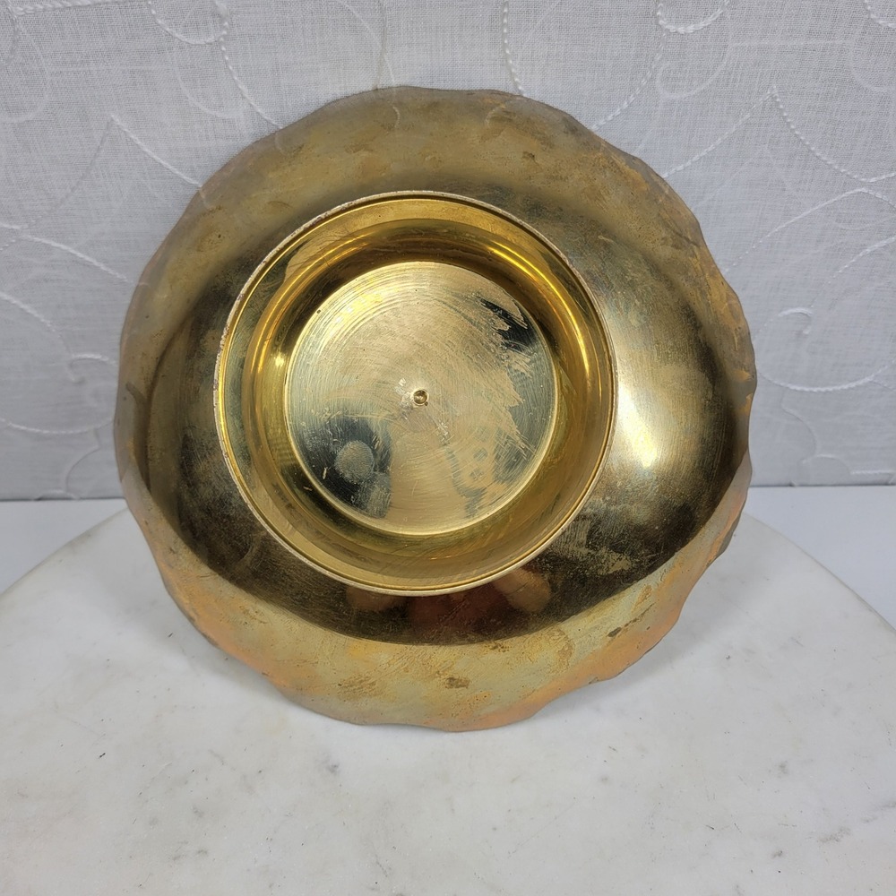 Hand Painted Brass Pedestal Bowl Trinket Floral Catch All Scalloped Rim Vintage - Picture 4 of 16
